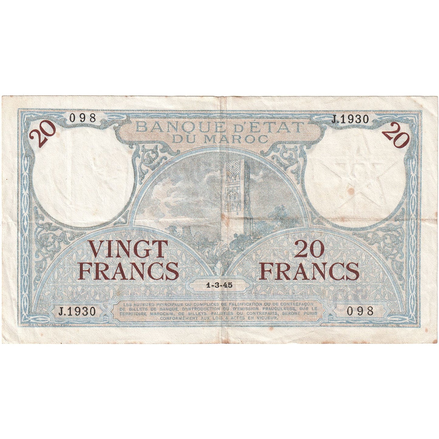 Marruecos,
20 francos,
1928-1929